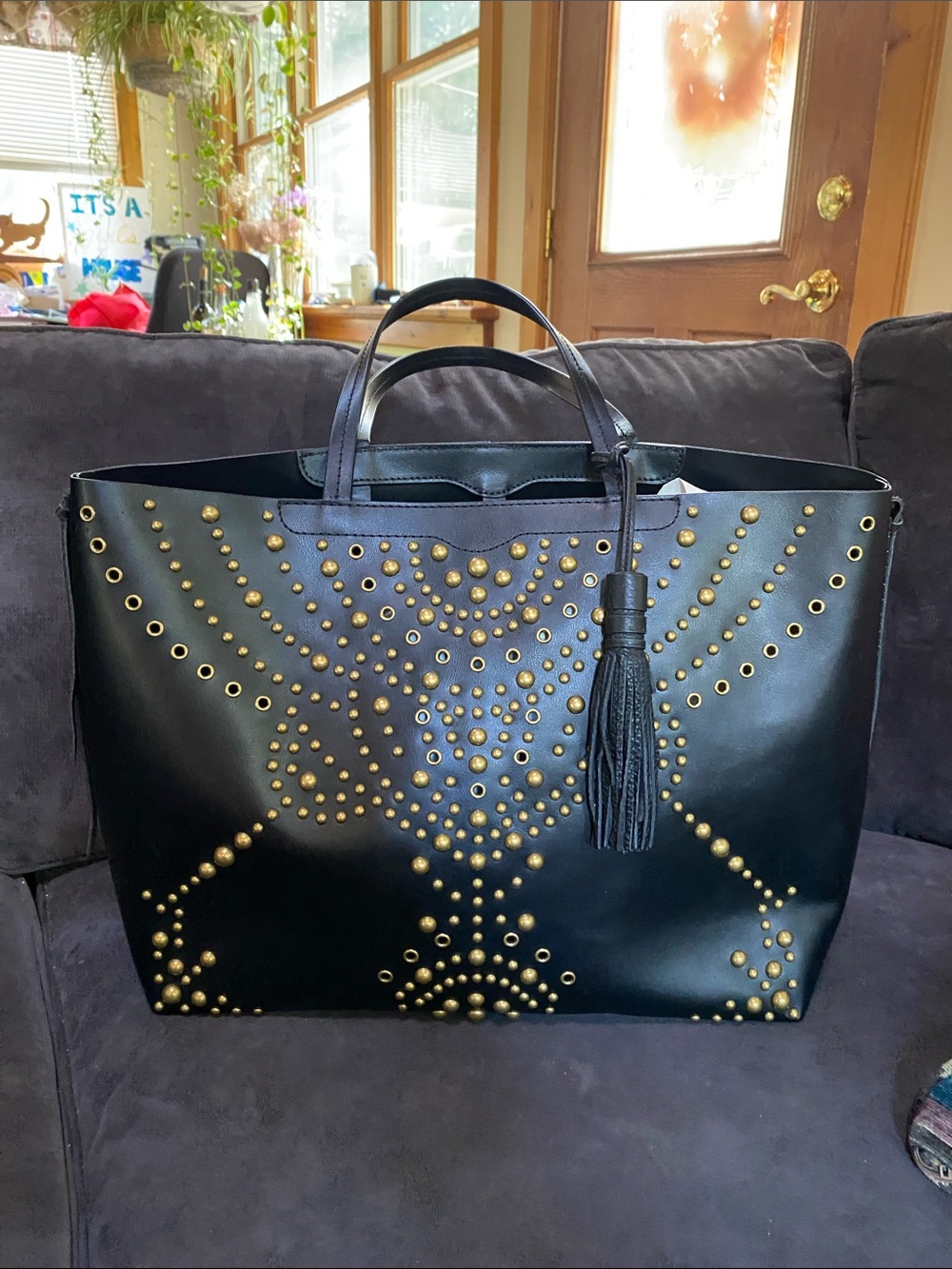 Rebecca Minkoff Black Tote with Gold Stud Detailing and Tassel